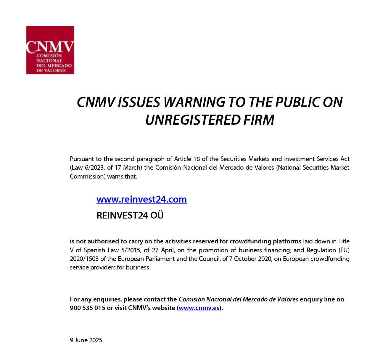 CNMV issued a warning against Reinvest24