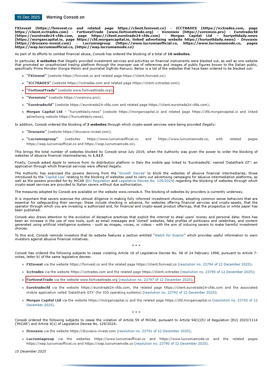 FortivestTrade-CONSOB-Warning